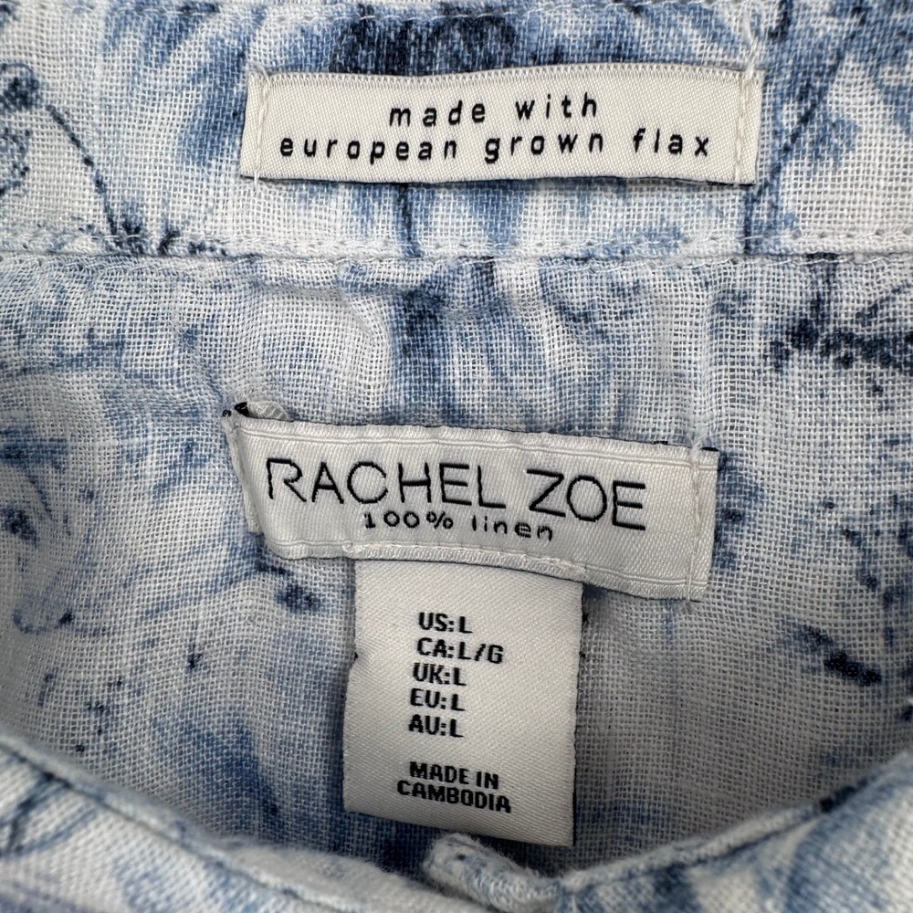 Rachel Zoe 100% Linen Blue White Toile Jungle Print Button Down Women's Large - Picture 5 of 9